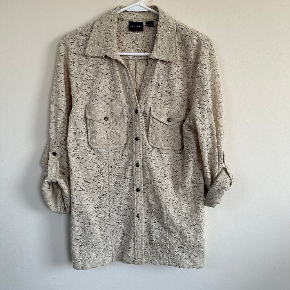 Tribal Lace Button Front Shirt M Beige Roll Tab Sleeve Sheer Boho Utility Top